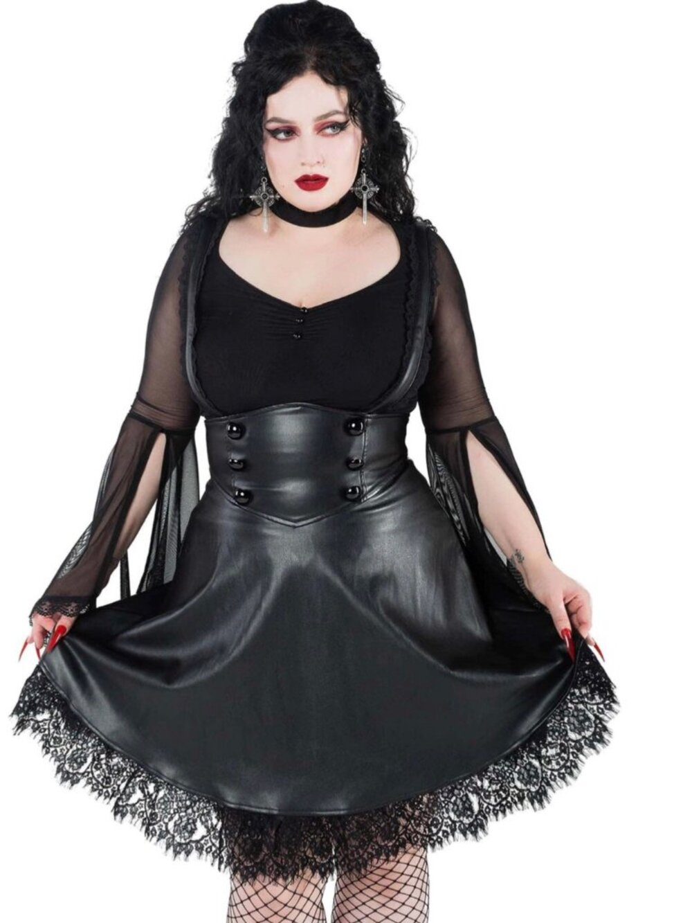 Killstar ✦ Marked High‑Waisted Mini Skirt ✦ Stretch PU Vinyl Lace Trim Flared XS